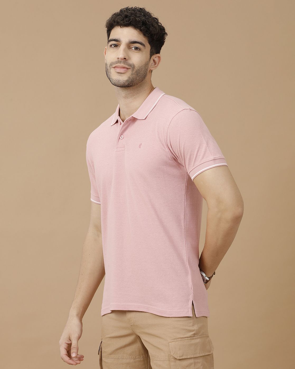 Men's Blended Linen Pink Solid Contemporary Fit Half Sleeve Polo Neck Casual T-Shirt