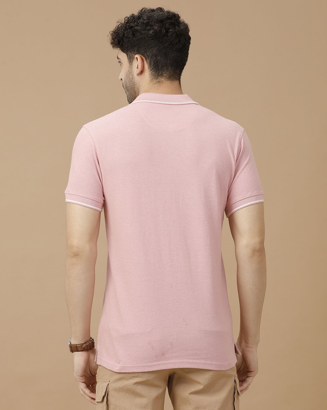 Men's Blended Linen Pink Solid Contemporary Fit Half Sleeve Polo Neck Casual T-Shirt