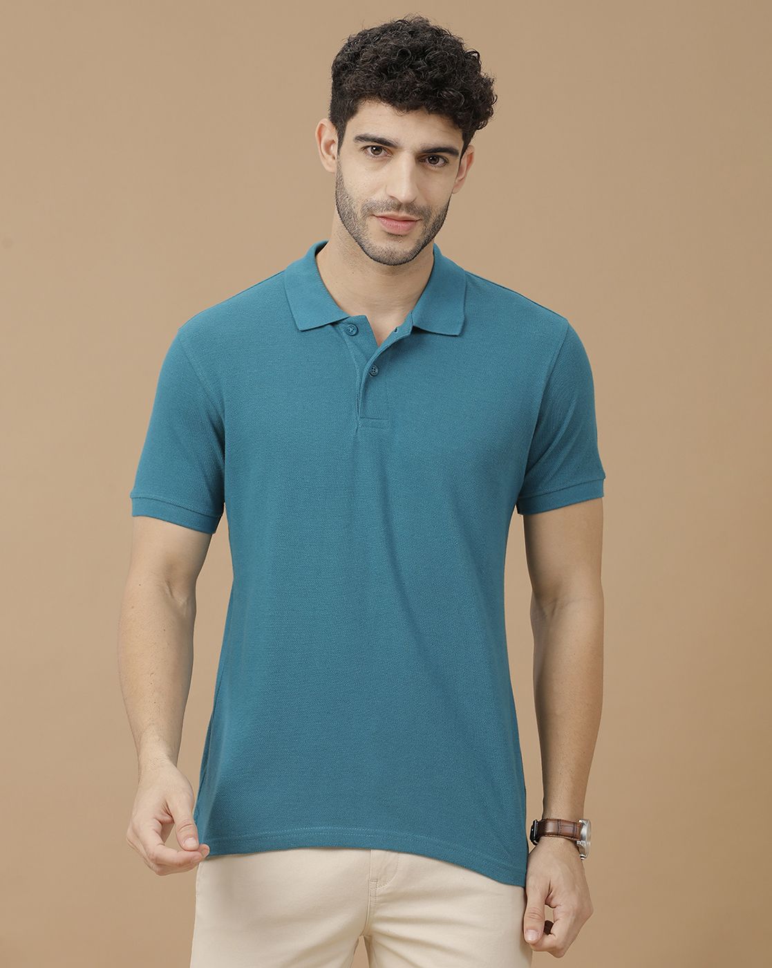 Men's Blended Linen Blue Solid Contemporary Fit Half Sleeve Polo Neck Casual T-Shirt