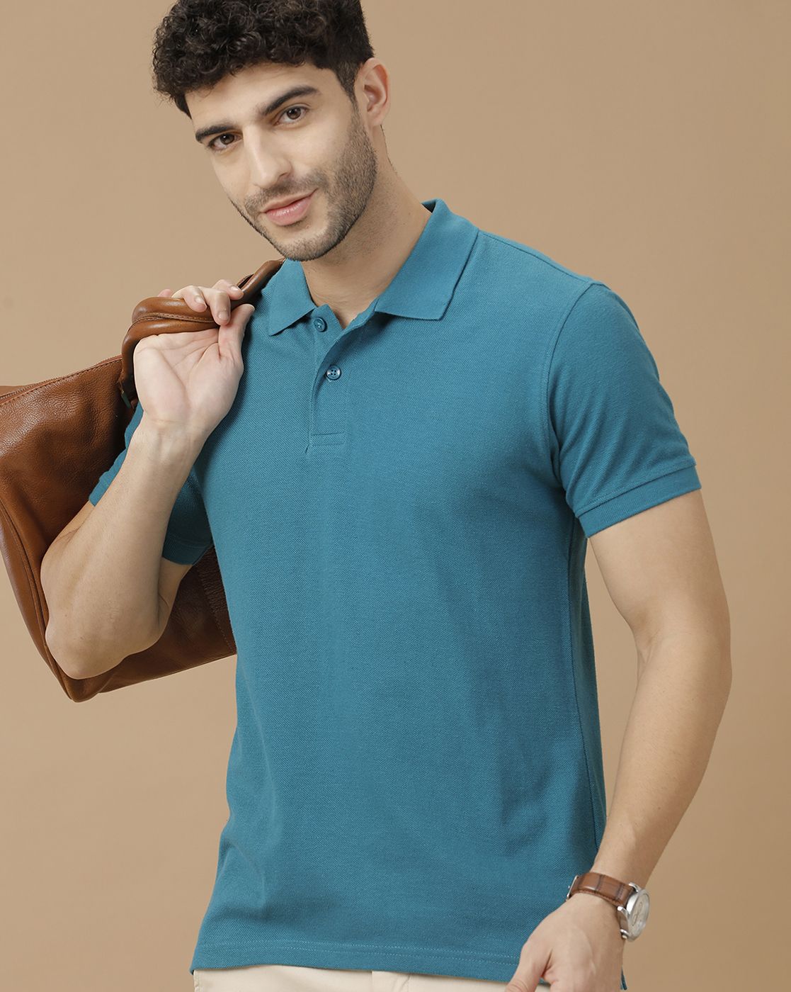 Men's Blended Linen Blue Solid Contemporary Fit Half Sleeve Polo Neck Casual T-Shirt