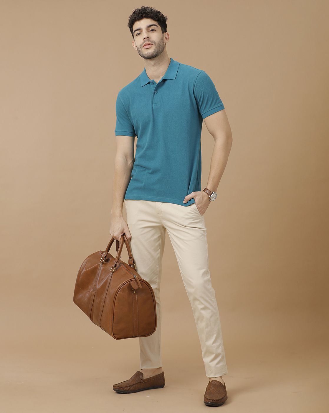 Men's Blended Linen Blue Solid Contemporary Fit Half Sleeve Polo Neck Casual T-Shirt