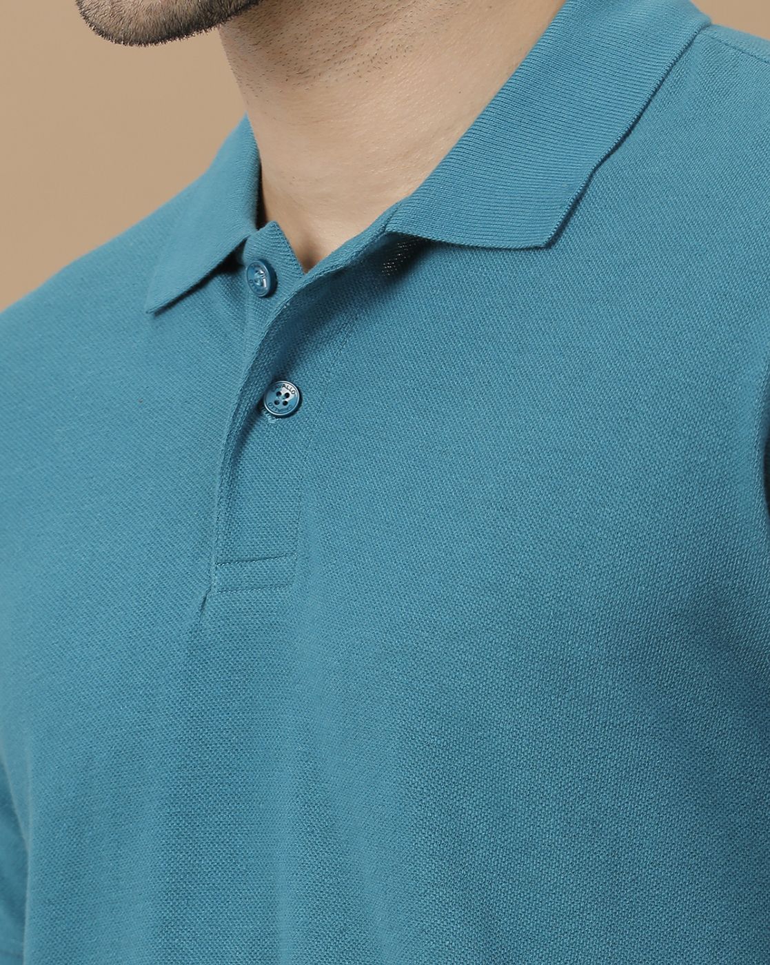 Men's Blended Linen Blue Solid Contemporary Fit Half Sleeve Polo Neck Casual T-Shirt
