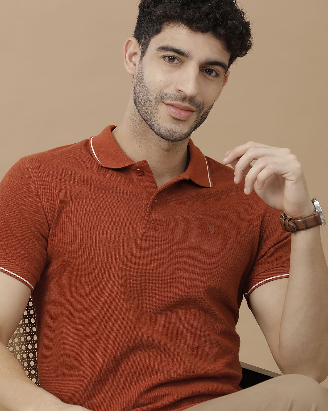 Men's Blended Linen Orange Solid Contemporary Fit Half Sleeve Polo Neck Casual T-Shirt
