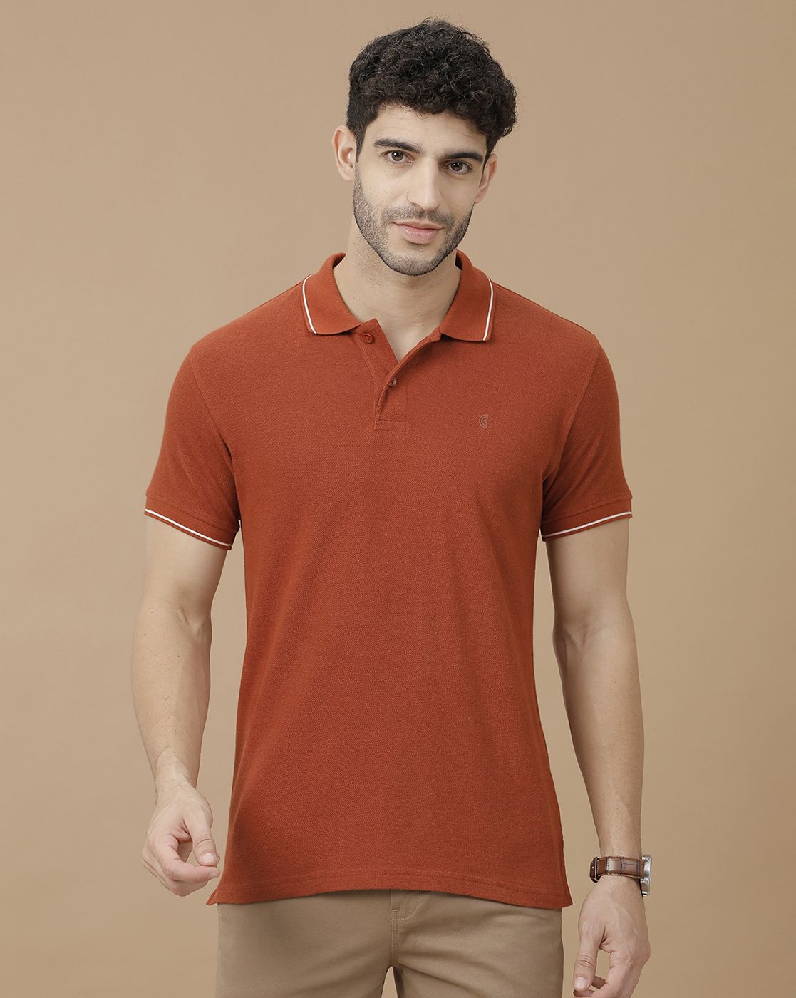 Men's Blended Linen Orange Solid Contemporary Fit Half Sleeve Polo Neck Casual T-Shirt