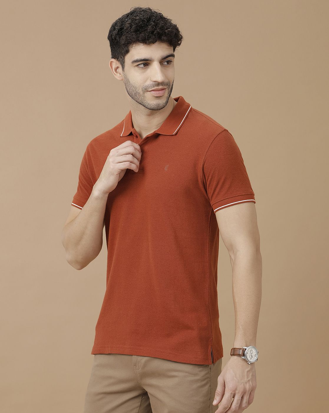 Men's Blended Linen Orange Solid Contemporary Fit Half Sleeve Polo Neck Casual T-Shirt