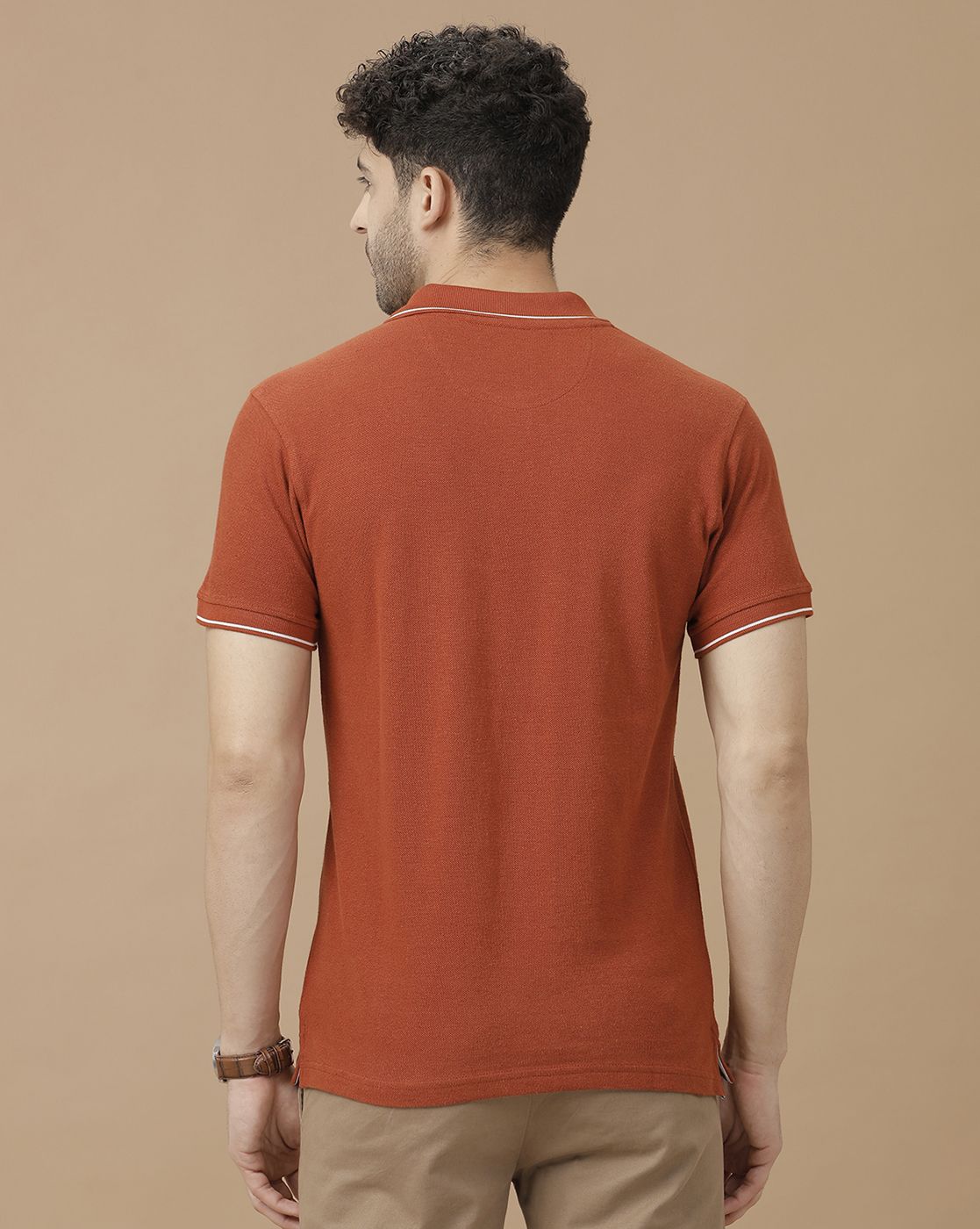 Men's Blended Linen Orange Solid Contemporary Fit Half Sleeve Polo Neck Casual T-Shirt