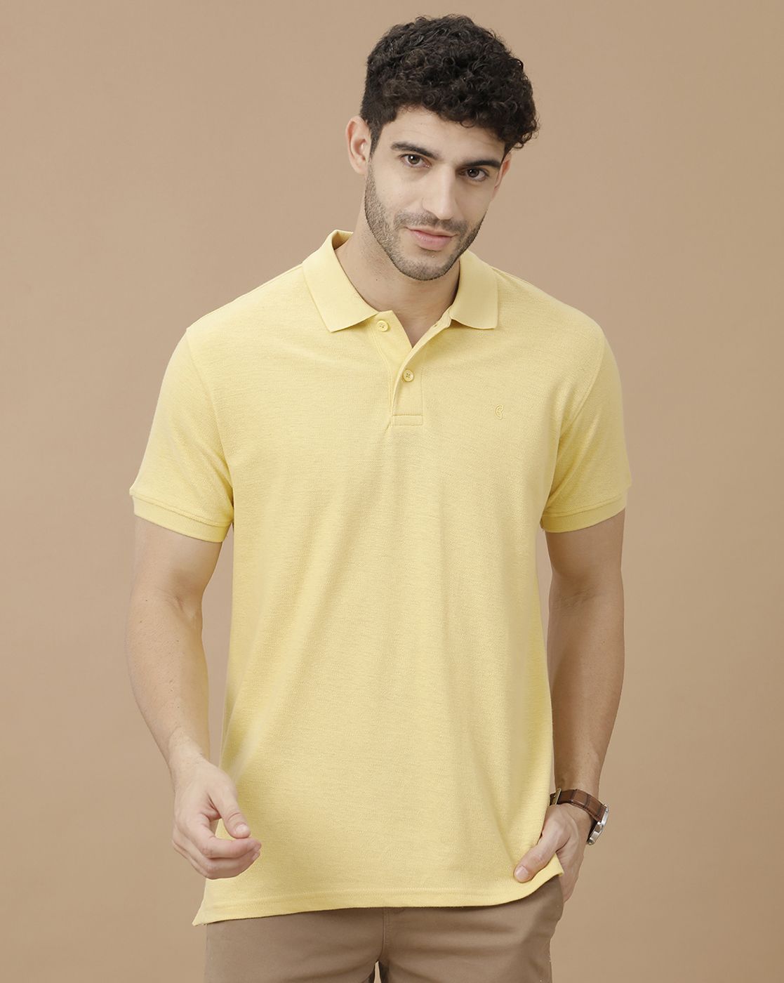 Men's Blended Linen Yellow Solid Contemporary Fit Half Sleeve Polo Neck Casual T-Shirt