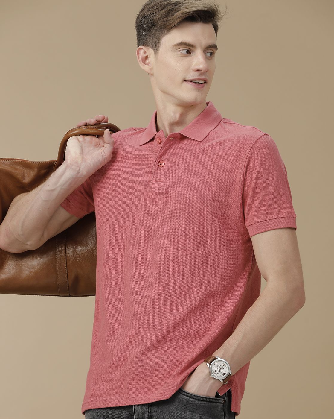 Men's Blended Linen Pink Solid Contemporary Fit Half Sleeve Polo Neck Casual T-Shirt