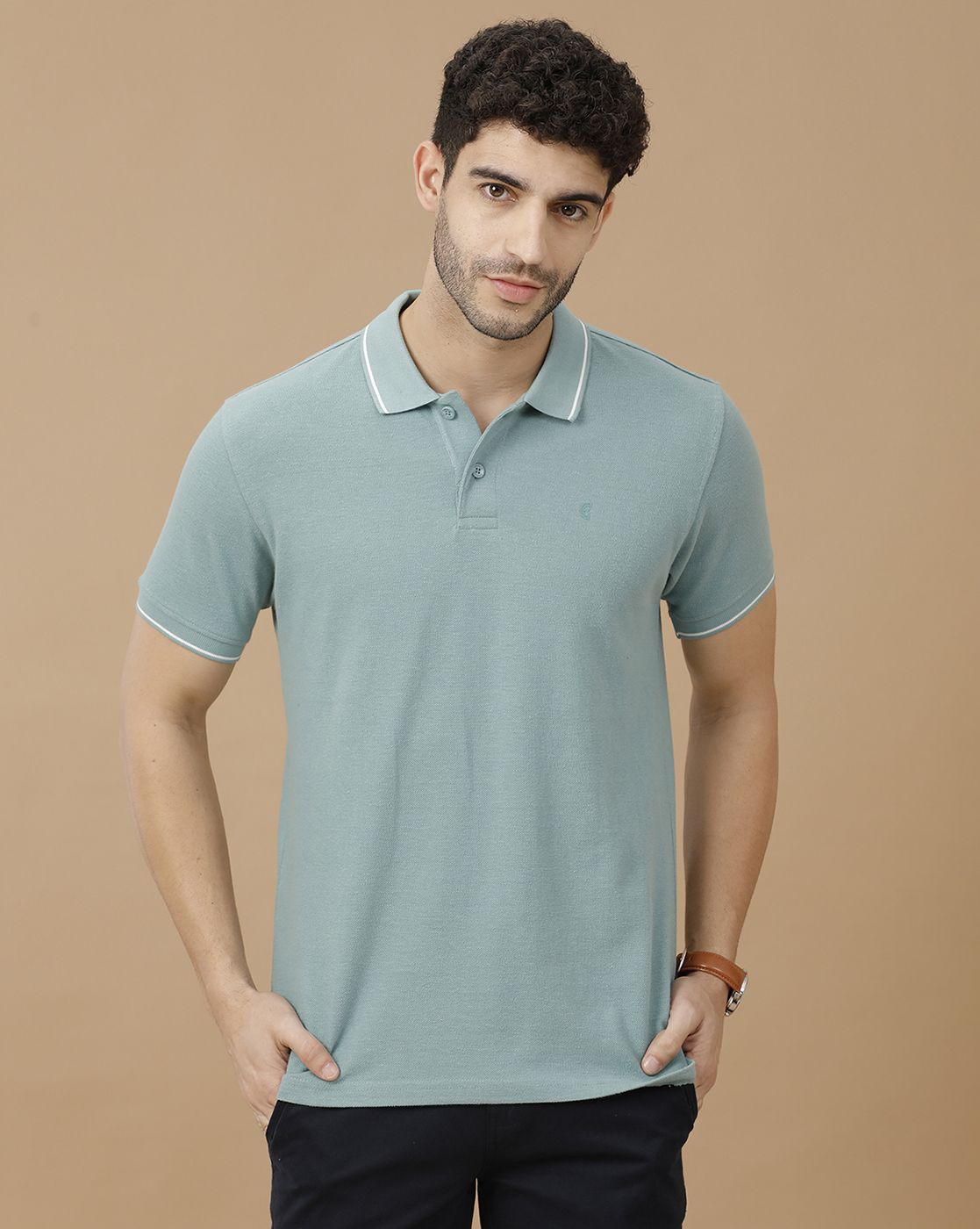 Men's Blended Linen Green Solid Contemporary Fit Half Sleeve Polo Neck Casual T-Shirt