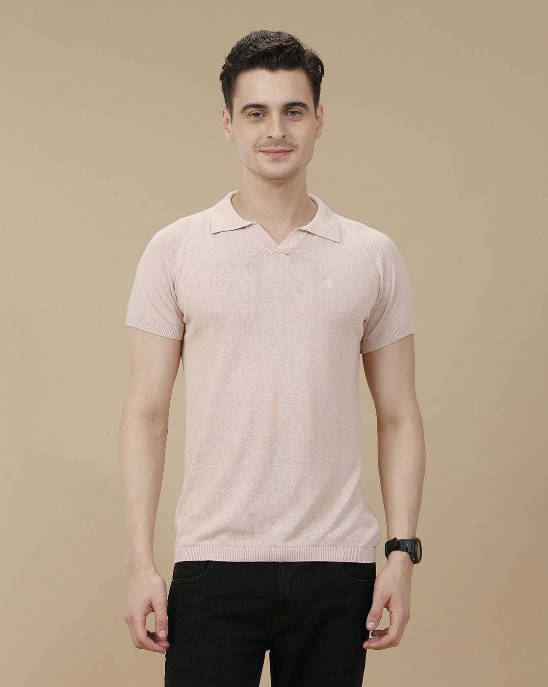CAVALLO by Linen Club Men's Linen Cotton Peach Solid Contemporary Fit Half Sleeve Polo Neck T-Shirt