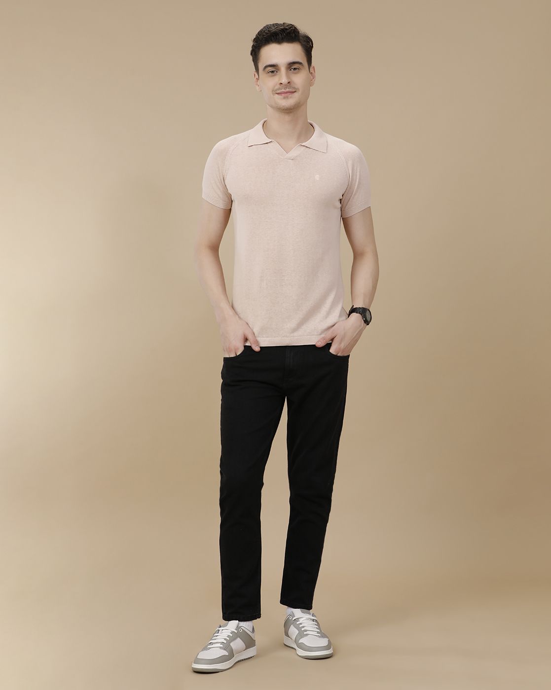 CAVALLO by Linen Club Men's Linen Cotton Peach Solid Contemporary Fit Half Sleeve Polo Neck T-Shirt