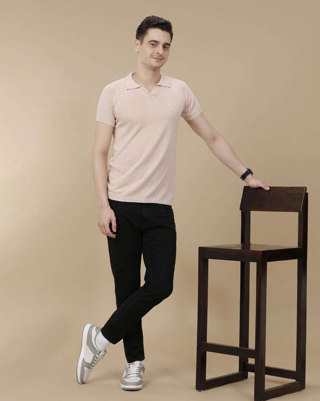 CAVALLO by Linen Club Men's Linen Cotton Peach Solid Contemporary Fit Half Sleeve Polo Neck T-Shirt