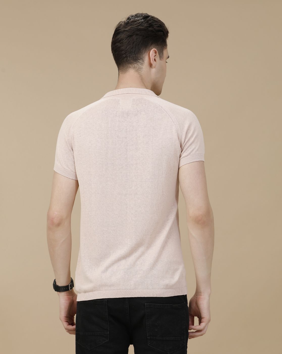 CAVALLO by Linen Club Men's Linen Cotton Peach Solid Contemporary Fit Half Sleeve Polo Neck T-Shirt