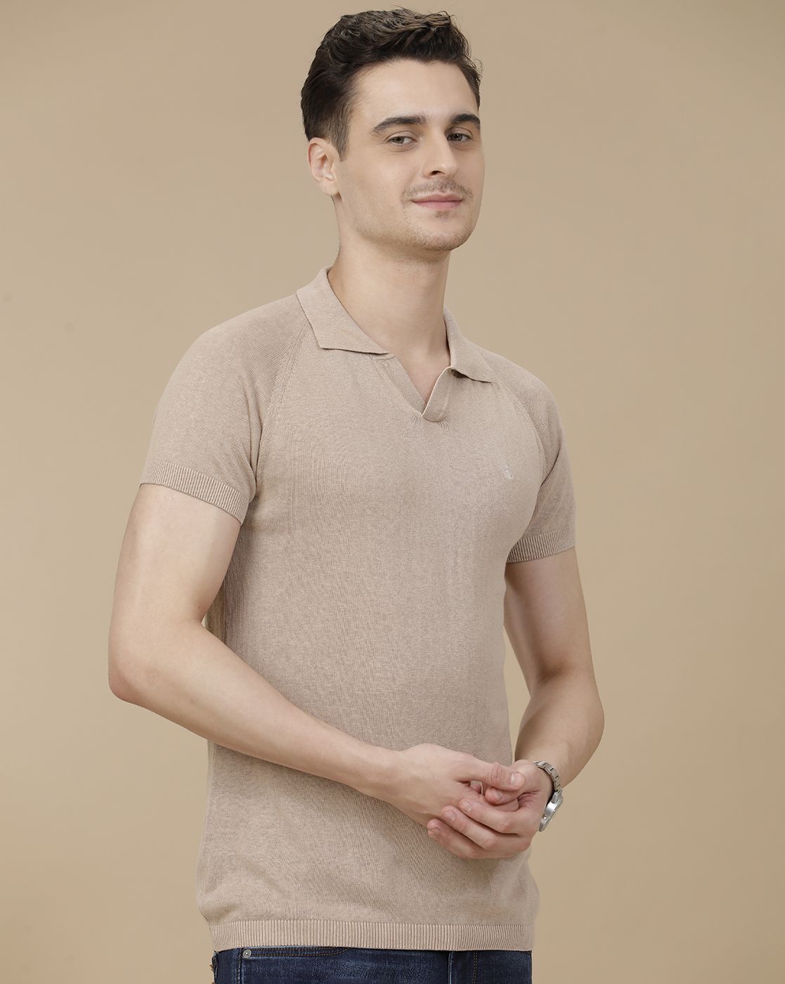 CAVALLO by Linen Club Men's Linen Cotton Brown Solid Contemporary Fit Half Sleeve Polo Neck T-Shirt