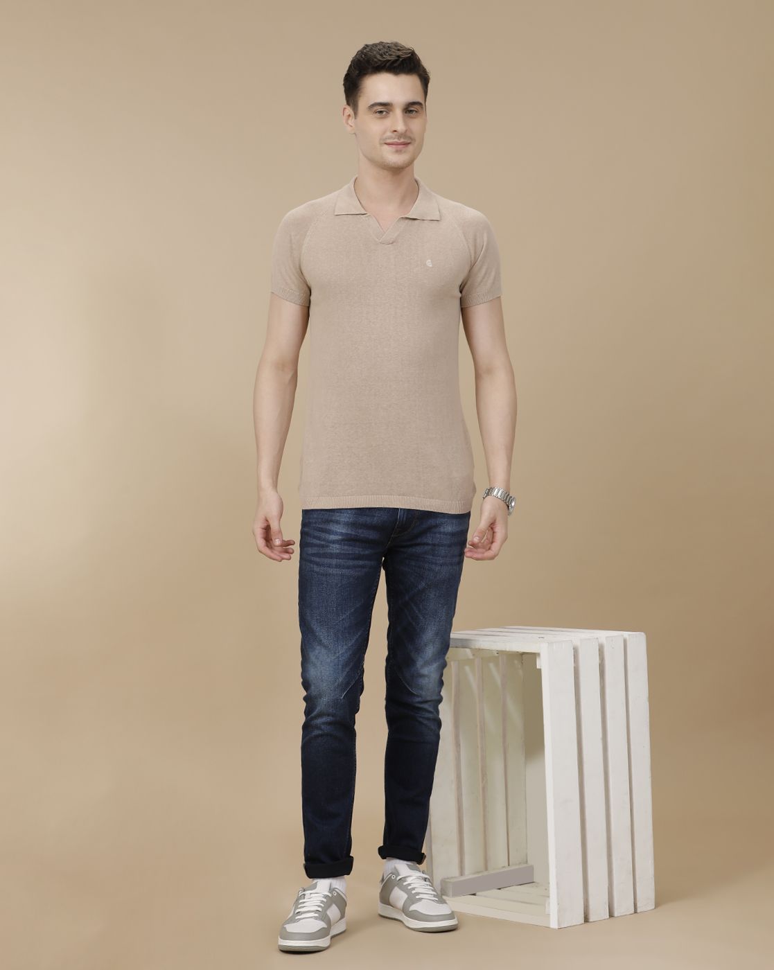 CAVALLO by Linen Club Men's Linen Cotton Brown Solid Contemporary Fit Half Sleeve Polo Neck T-Shirt