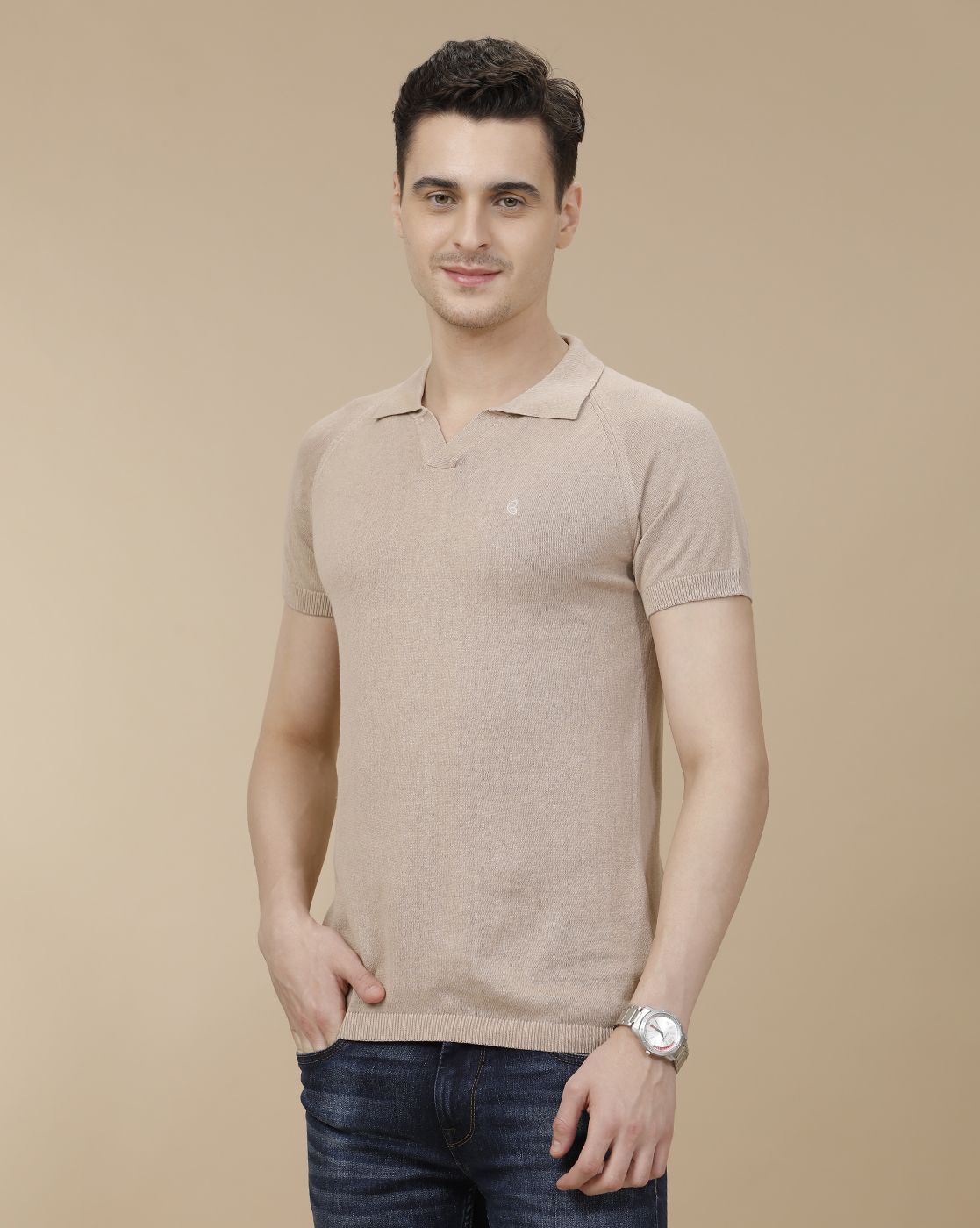 CAVALLO by Linen Club Men's Linen Cotton Brown Solid Contemporary Fit Half Sleeve Polo Neck T-Shirt