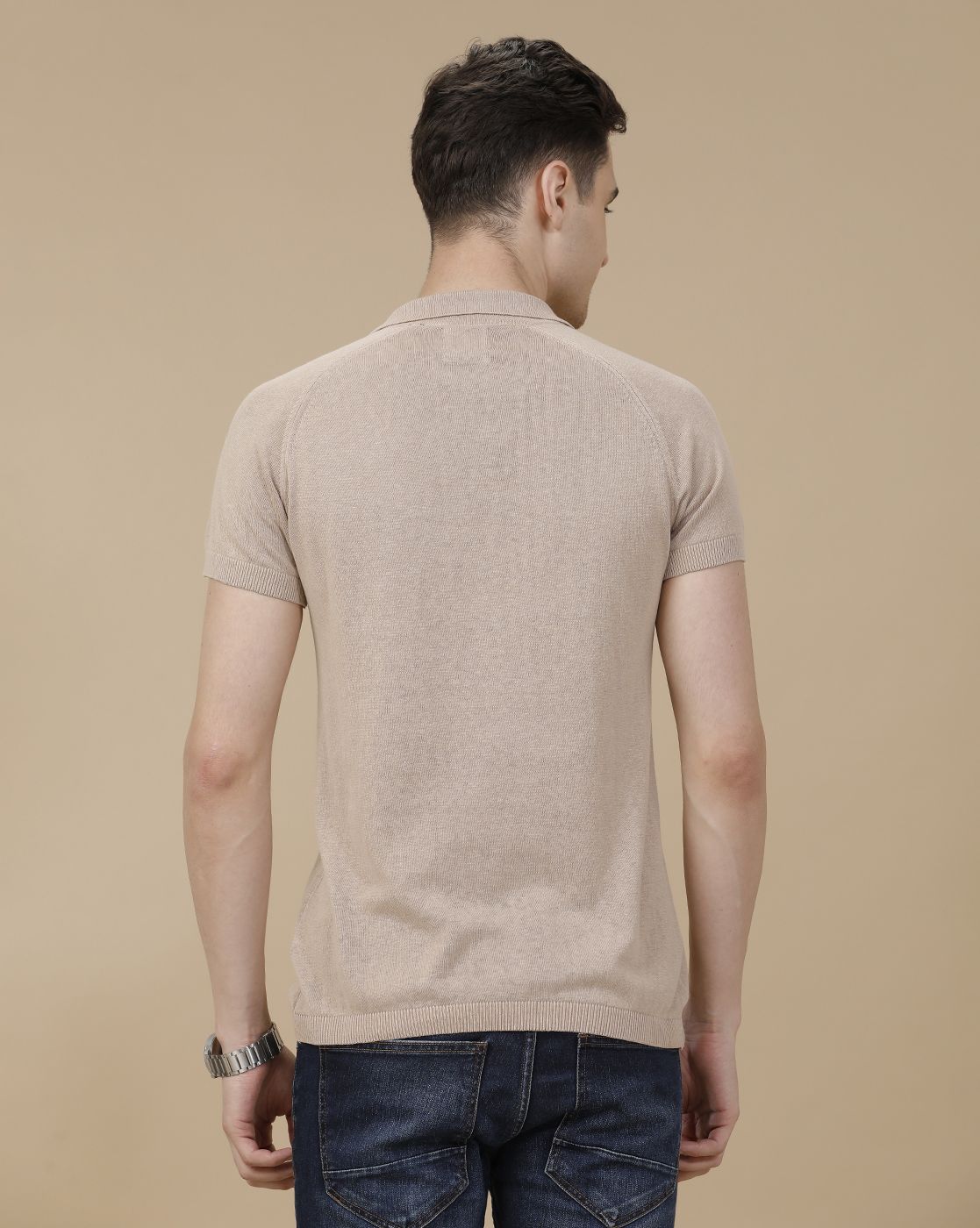 CAVALLO by Linen Club Men's Linen Cotton Brown Solid Contemporary Fit Half Sleeve Polo Neck T-Shirt