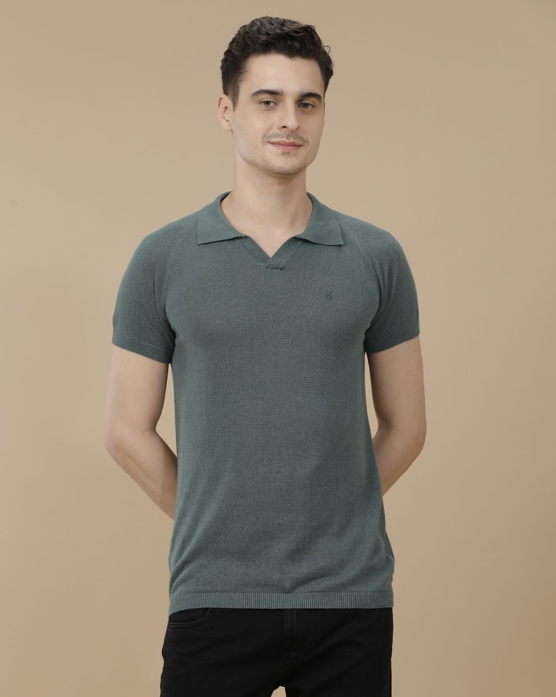 CAVALLO by Linen Club Men's Linen Cotton Green Solid Contemporary Fit Half Sleeve Polo Neck T-Shirt