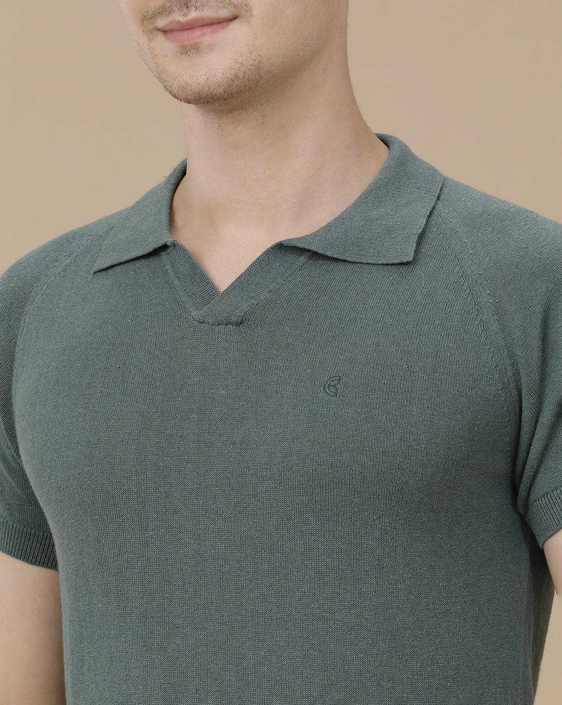 CAVALLO by Linen Club Men's Linen Cotton Green Solid Contemporary Fit Half Sleeve Polo Neck T-Shirt