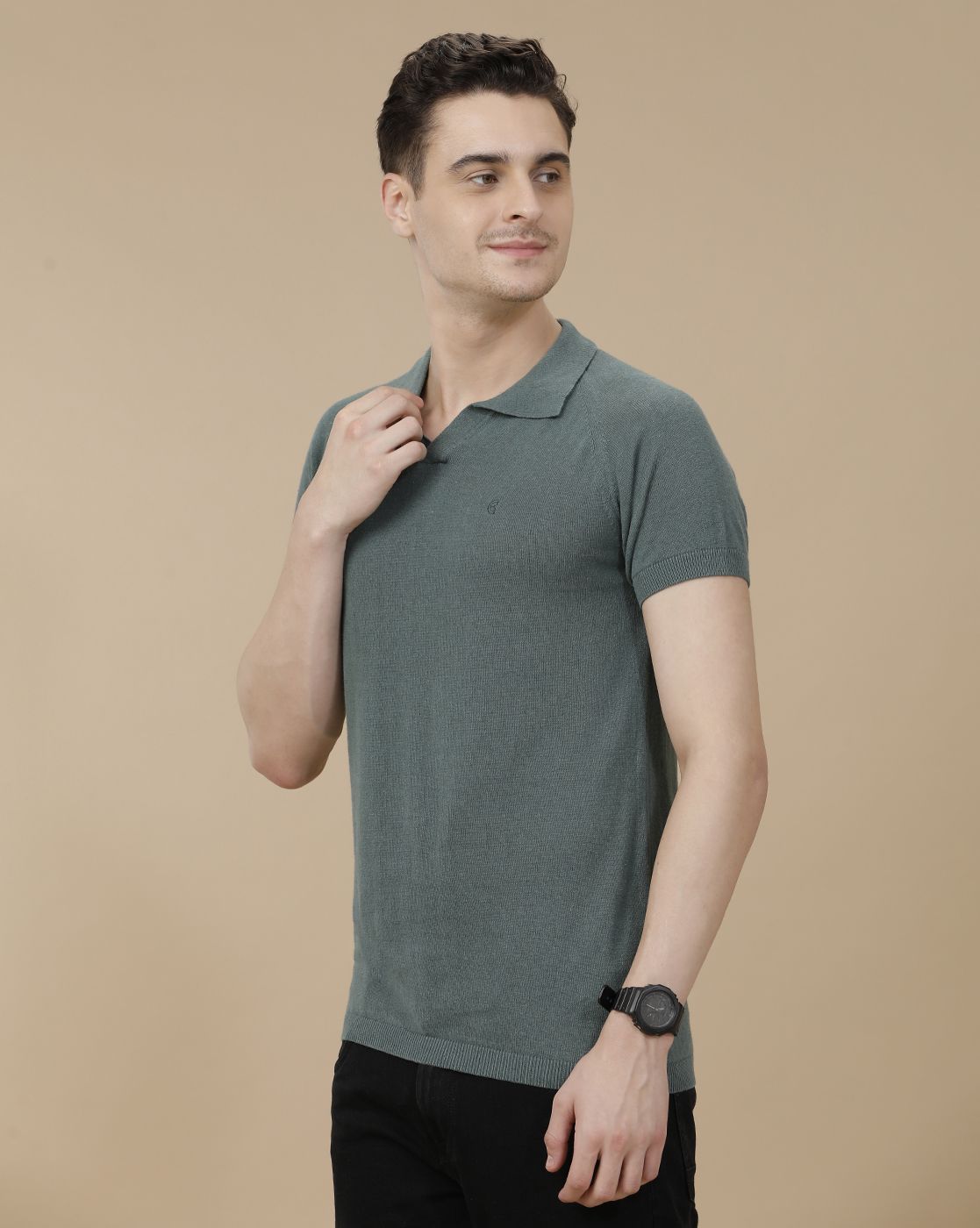 CAVALLO by Linen Club Men's Linen Cotton Green Solid Contemporary Fit Half Sleeve Polo Neck T-Shirt