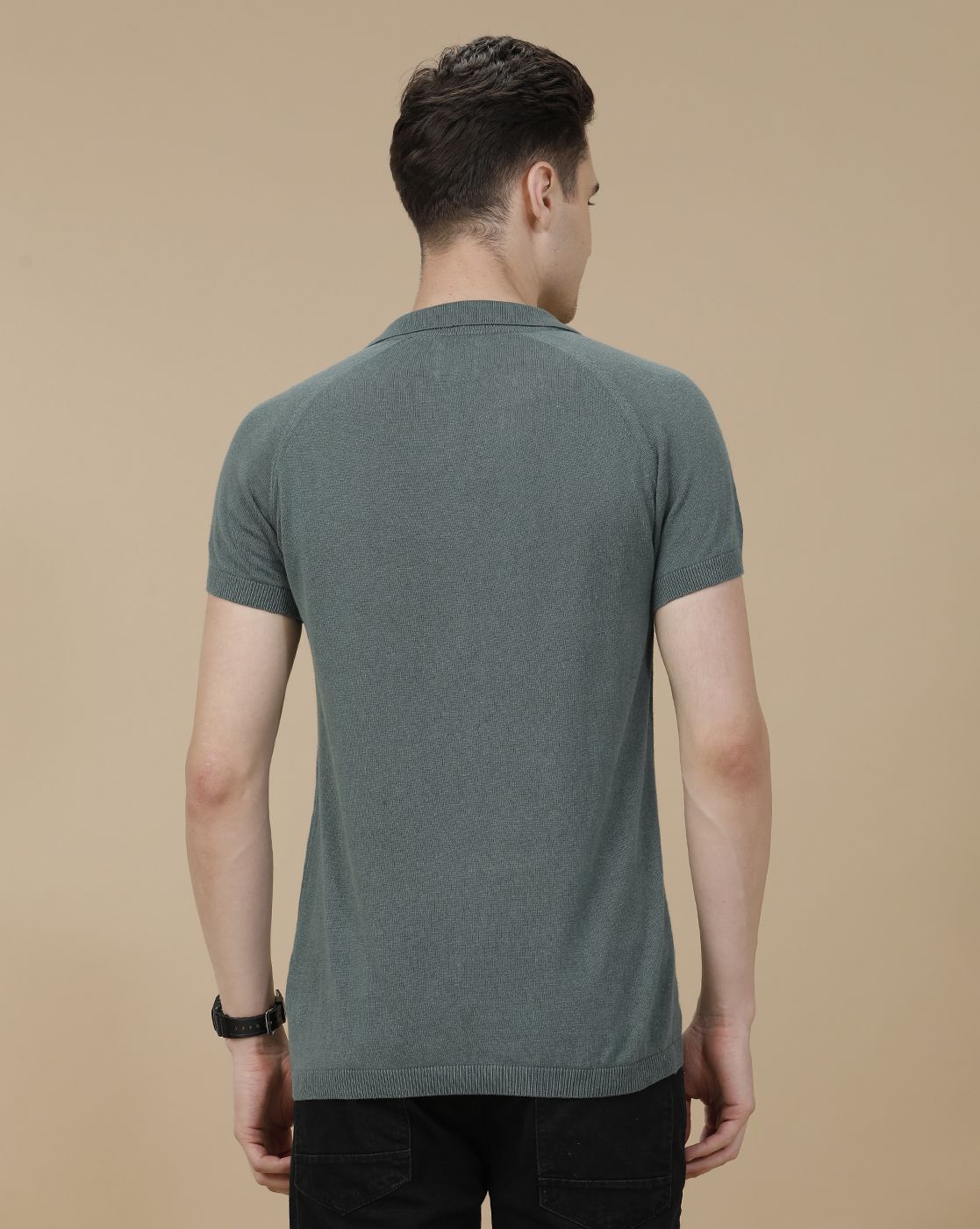 CAVALLO by Linen Club Men's Linen Cotton Green Solid Contemporary Fit Half Sleeve Polo Neck T-Shirt