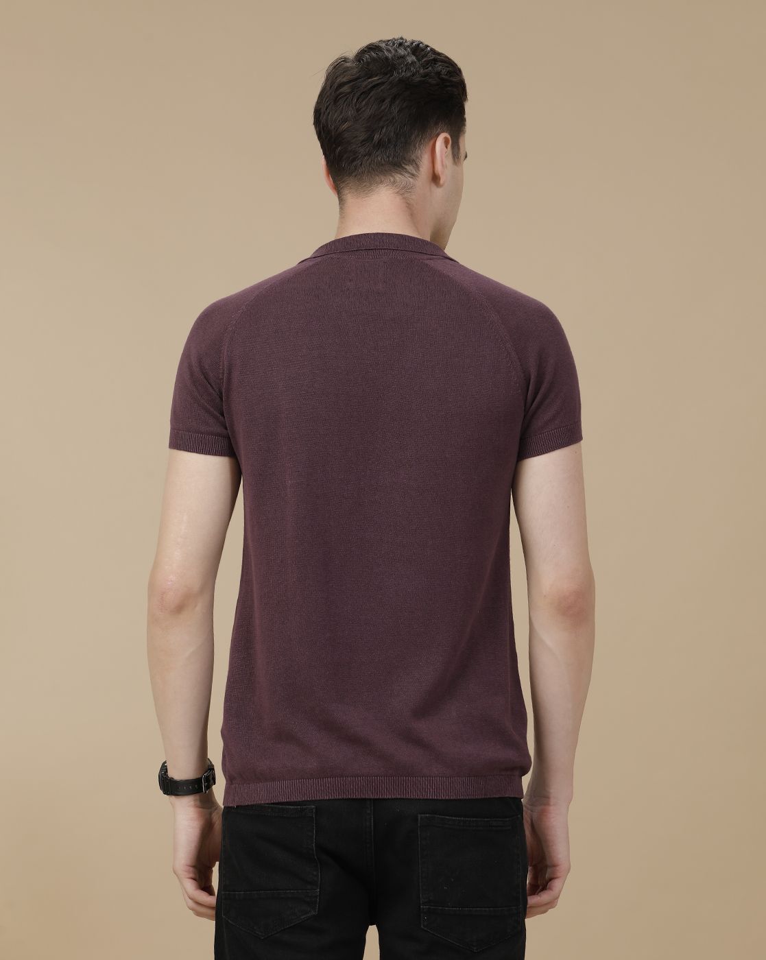 CAVALLO by Linen Club Men's Linen Cotton Purple Solid Contemporary Fit Half Sleeve Polo Neck T-Shirt