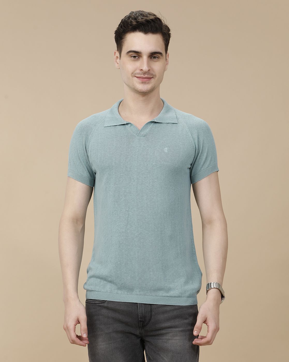 CAVALLO by Linen Club Men's Linen Cotton Green Solid Contemporary Fit Half Sleeve Polo Neck T-Shirt