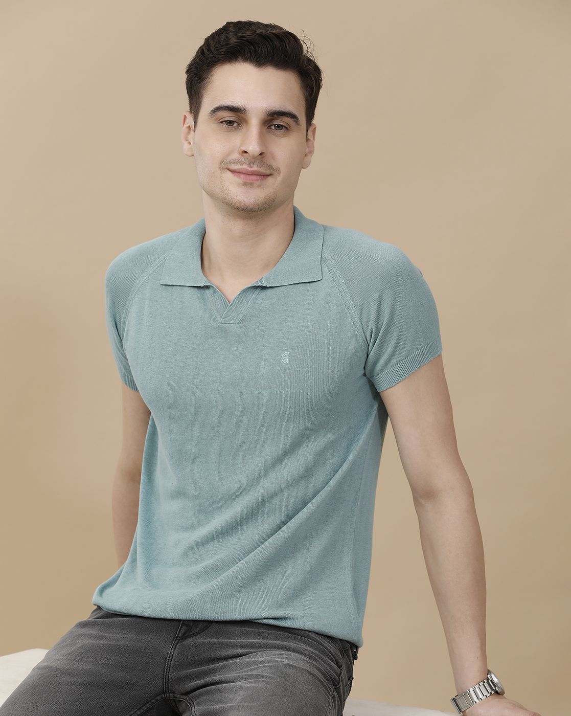 CAVALLO by Linen Club Men's Linen Cotton Green Solid Contemporary Fit Half Sleeve Polo Neck T-Shirt