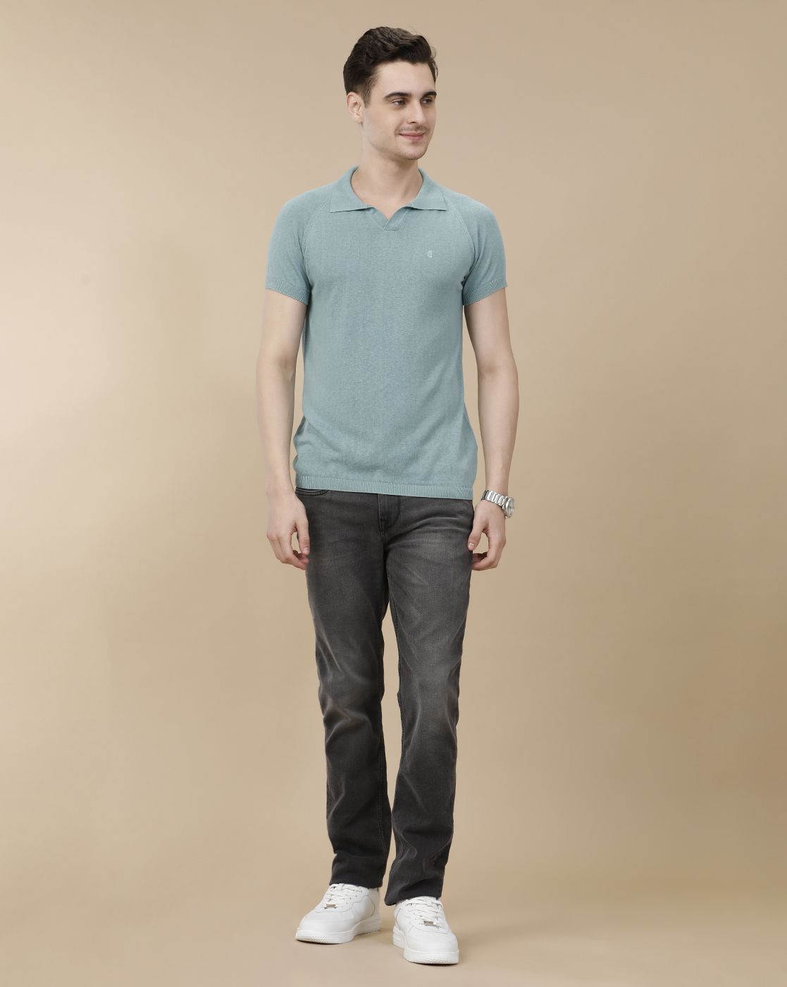 CAVALLO by Linen Club Men's Linen Cotton Green Solid Contemporary Fit Half Sleeve Polo Neck T-Shirt