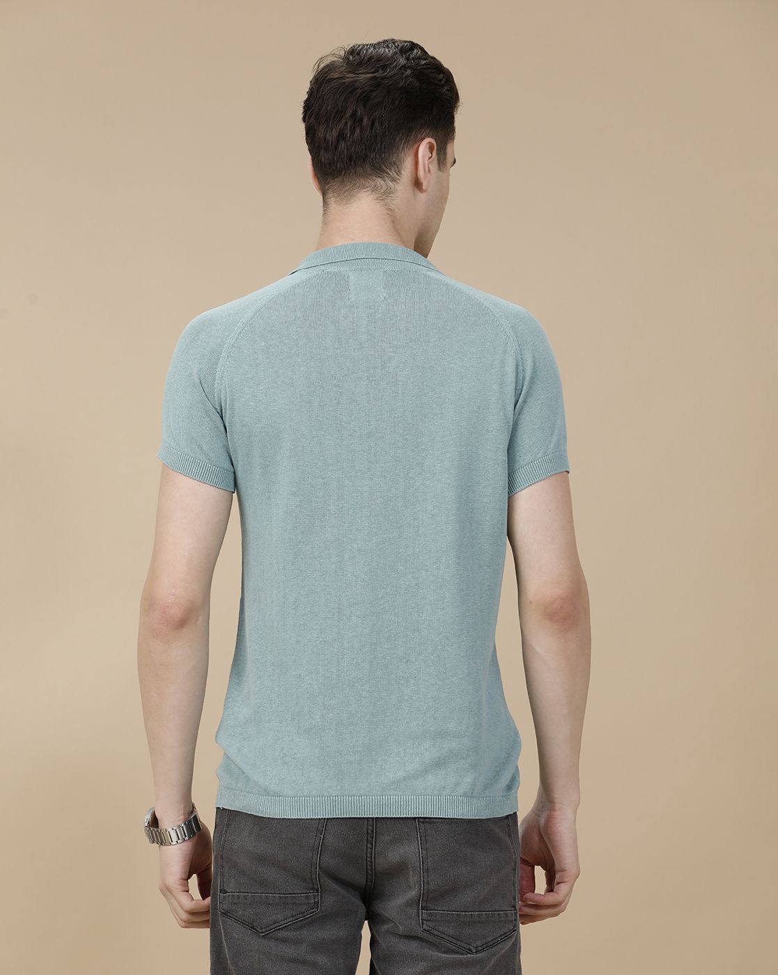CAVALLO by Linen Club Men's Linen Cotton Green Solid Contemporary Fit Half Sleeve Polo Neck T-Shirt