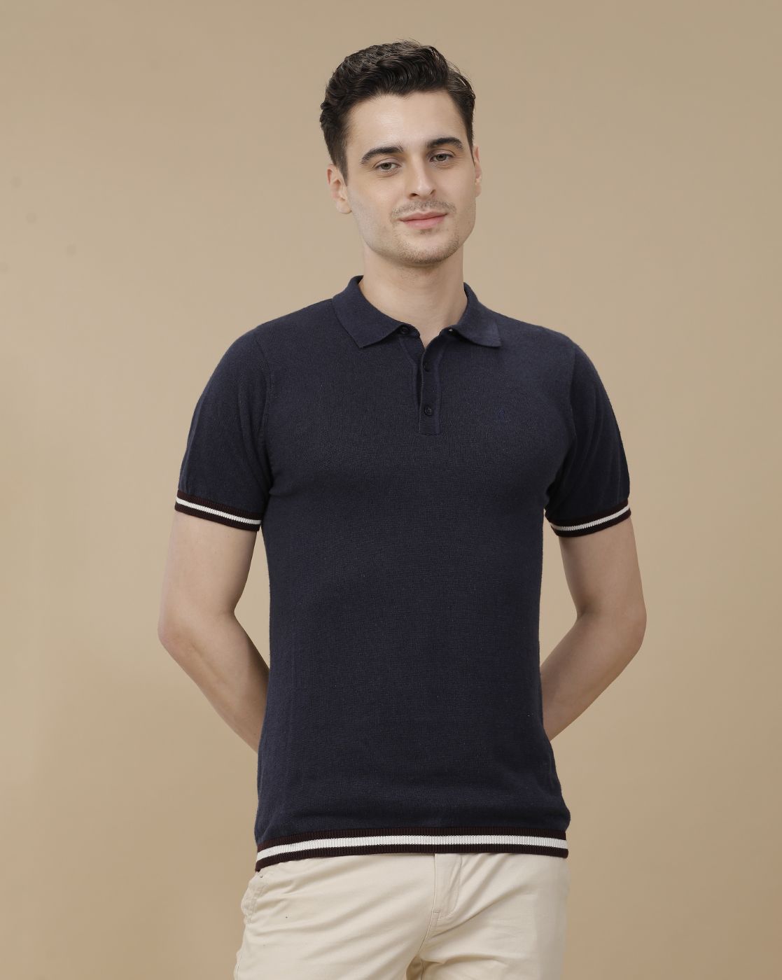 CAVALLO by Linen Club Men's Linen Cotton Navy Blue Solid Contemporary Fit Half Sleeve Polo Neck T-Shirt