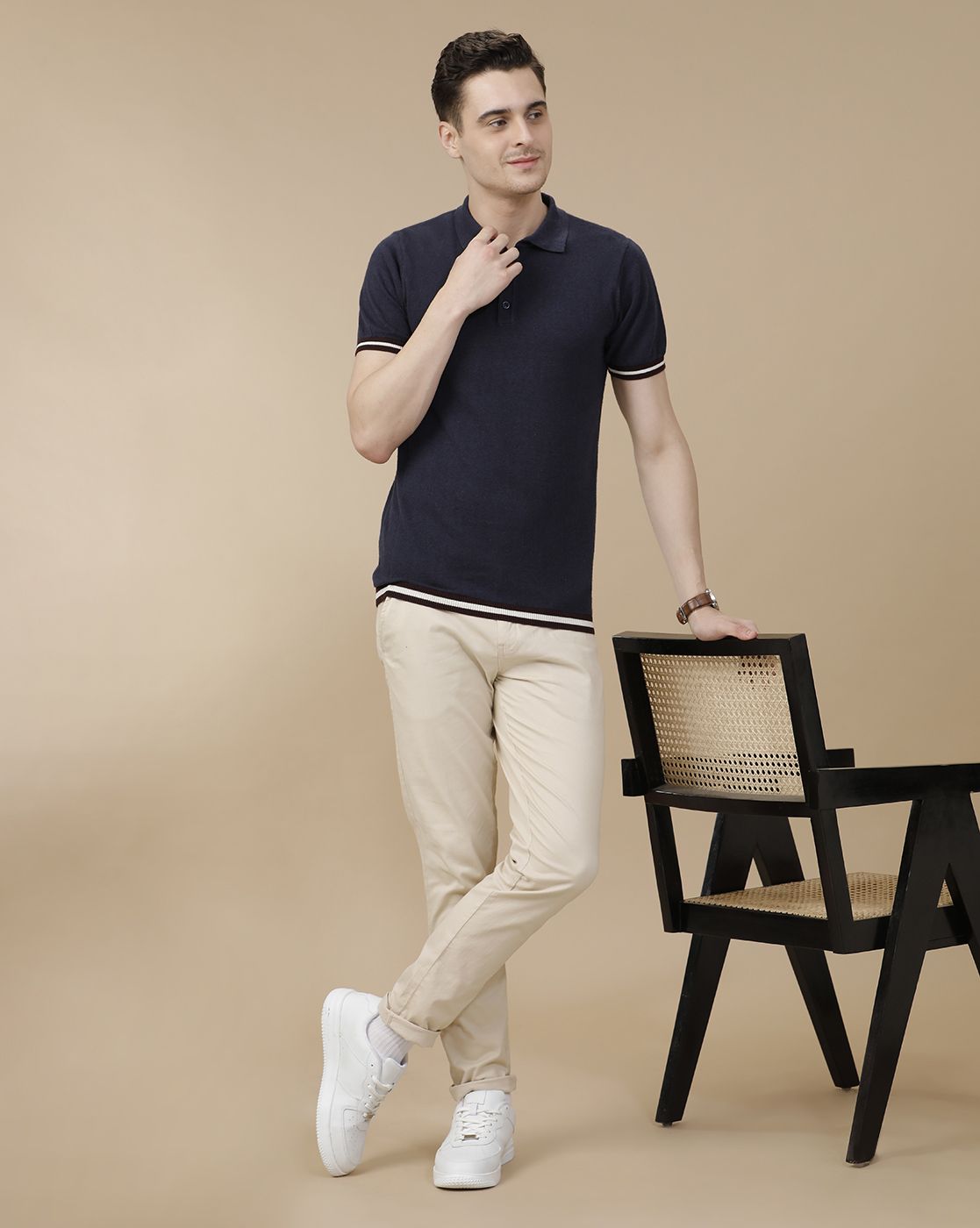 CAVALLO by Linen Club Men's Linen Cotton Navy Blue Solid Contemporary Fit Half Sleeve Polo Neck T-Shirt
