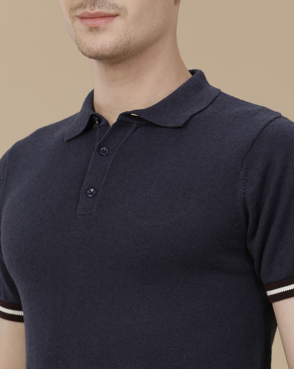 CAVALLO by Linen Club Men's Linen Cotton Navy Blue Solid Contemporary Fit Half Sleeve Polo Neck T-Shirt