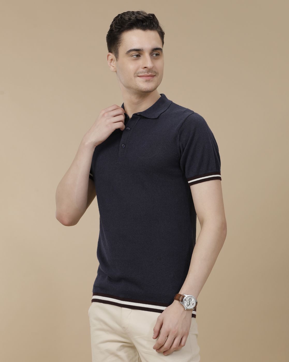 CAVALLO by Linen Club Men's Linen Cotton Navy Blue Solid Contemporary Fit Half Sleeve Polo Neck T-Shirt