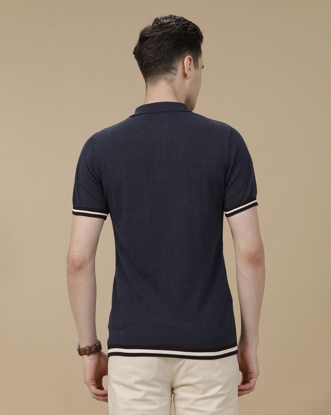 CAVALLO by Linen Club Men's Linen Cotton Navy Blue Solid Contemporary Fit Half Sleeve Polo Neck T-Shirt