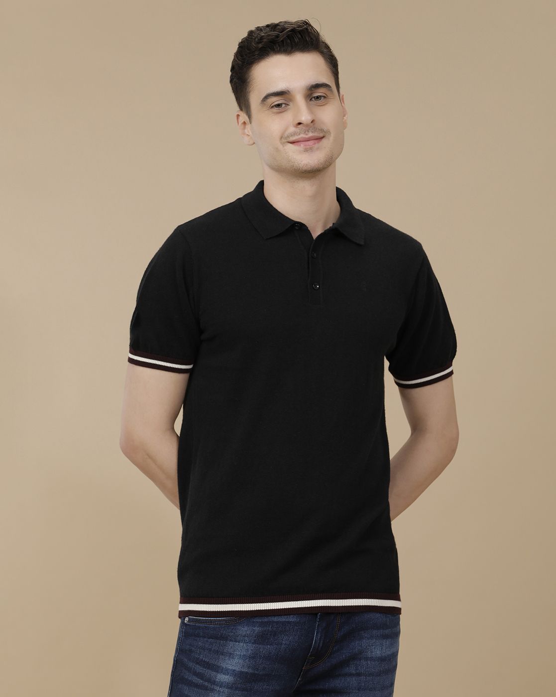 CAVALLO by Linen Club Men's Linen Cotton Black Solid Contemporary Fit Half Sleeve Polo Neck T-Shirt
