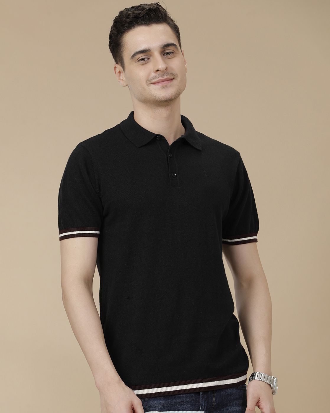 CAVALLO by Linen Club Men's Linen Cotton Black Solid Contemporary Fit Half Sleeve Polo Neck T-Shirt