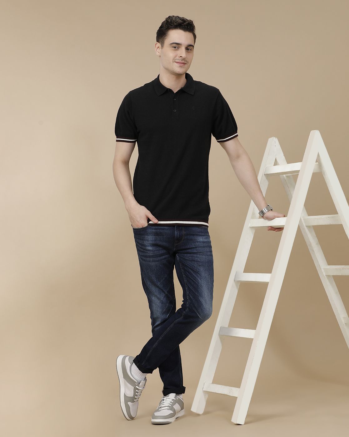 CAVALLO by Linen Club Men's Linen Cotton Black Solid Contemporary Fit Half Sleeve Polo Neck T-Shirt