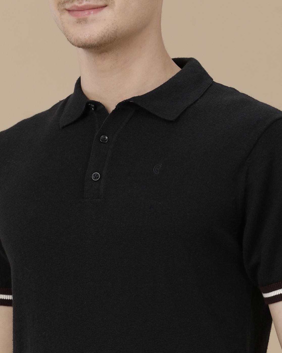CAVALLO by Linen Club Men's Linen Cotton Black Solid Contemporary Fit Half Sleeve Polo Neck T-Shirt