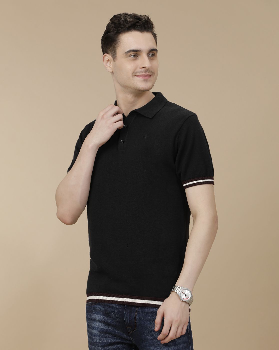 CAVALLO by Linen Club Men's Linen Cotton Black Solid Contemporary Fit Half Sleeve Polo Neck T-Shirt