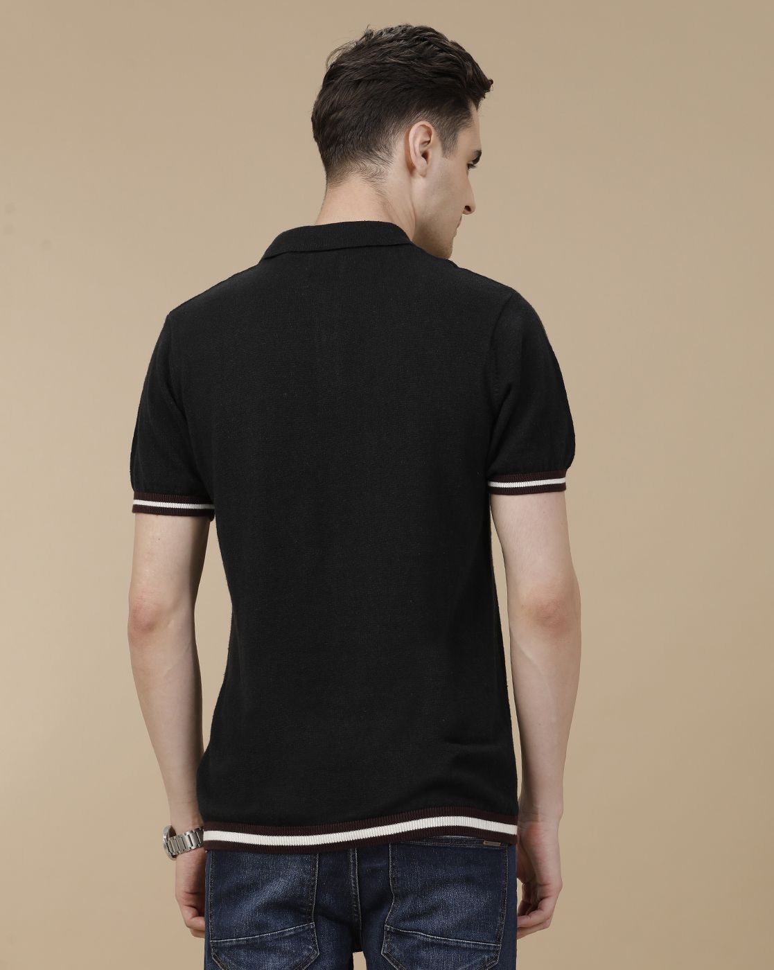 CAVALLO by Linen Club Men's Linen Cotton Black Solid Contemporary Fit Half Sleeve Polo Neck T-Shirt