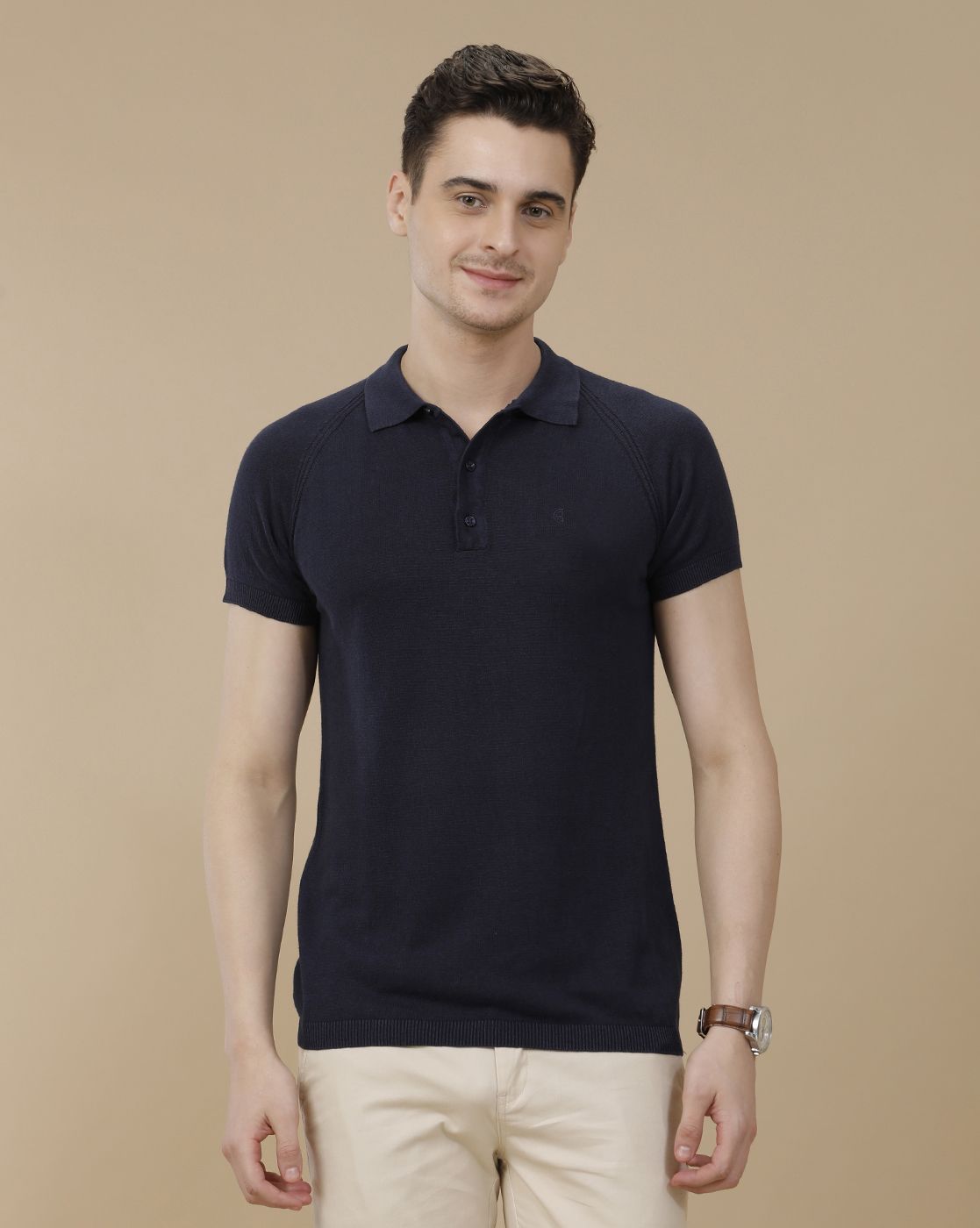 CAVALLO by Linen Club Men's Linen Cotton Navy Blue Solid Contemporary Fit Half Sleeve Polo Neck T-Shirt