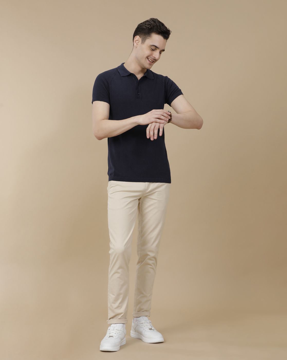 CAVALLO by Linen Club Men's Linen Cotton Navy Blue Solid Contemporary Fit Half Sleeve Polo Neck T-Shirt