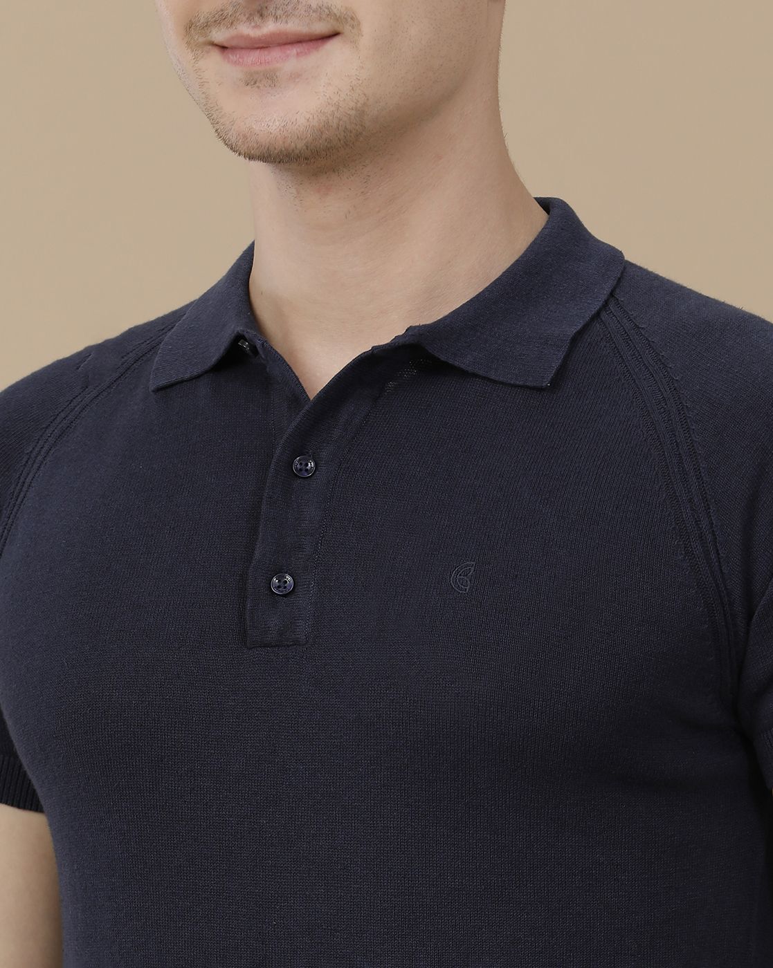 CAVALLO by Linen Club Men's Linen Cotton Navy Blue Solid Contemporary Fit Half Sleeve Polo Neck T-Shirt