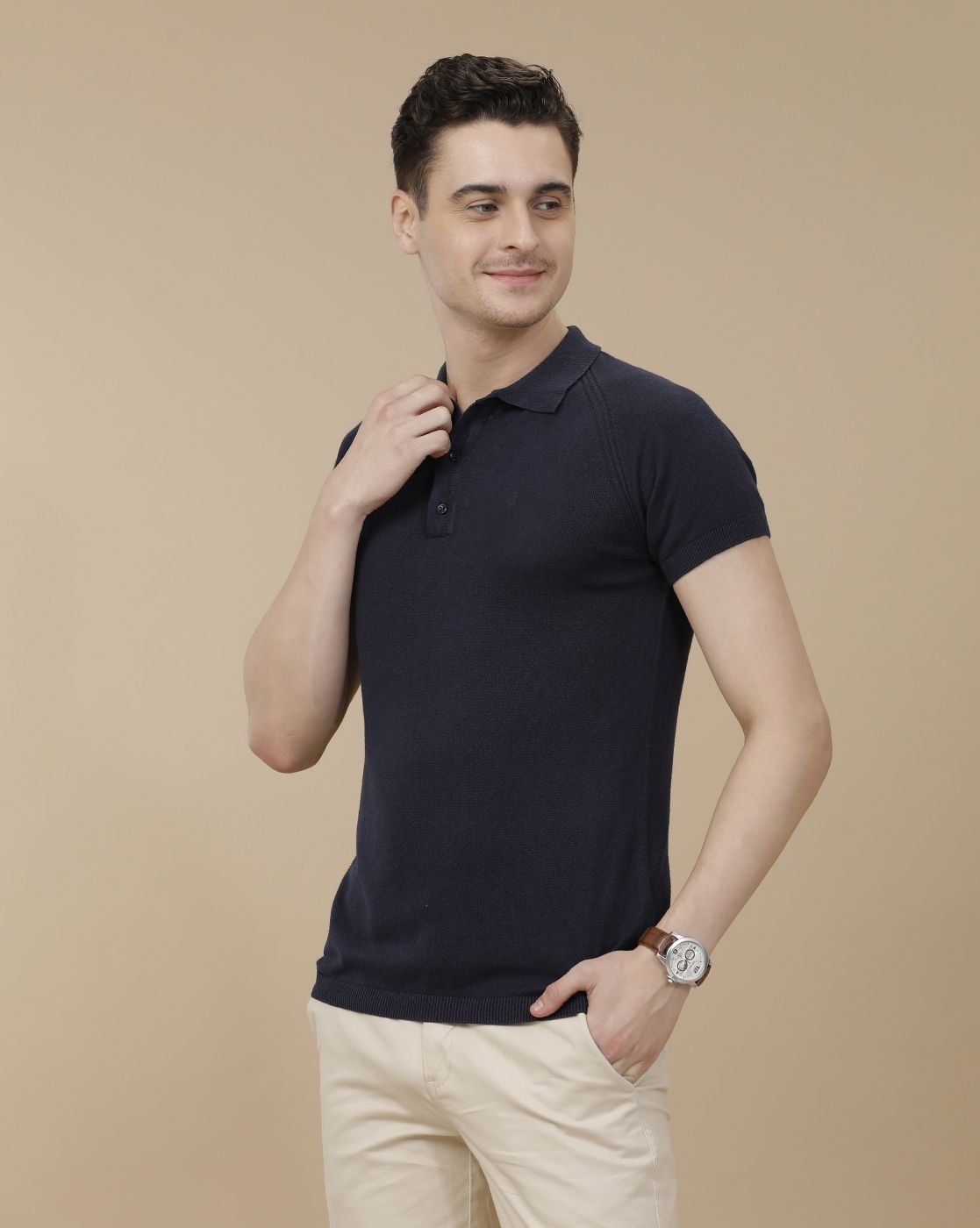 CAVALLO by Linen Club Men's Linen Cotton Navy Blue Solid Contemporary Fit Half Sleeve Polo Neck T-Shirt