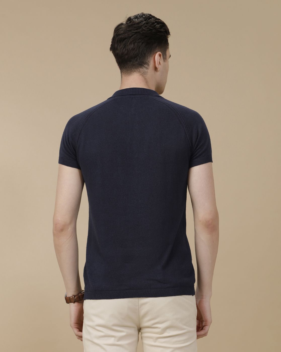 CAVALLO by Linen Club Men's Linen Cotton Navy Blue Solid Contemporary Fit Half Sleeve Polo Neck T-Shirt