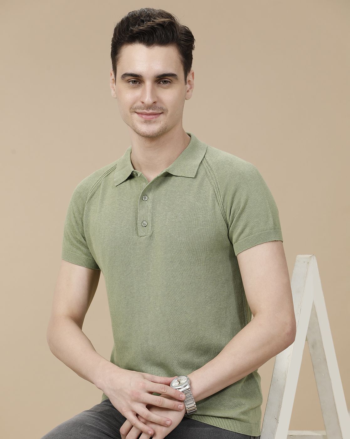 CAVALLO by Linen Club Men's Linen Cotton Green Solid Contemporary Fit Half Sleeve Polo Neck T-Shirt