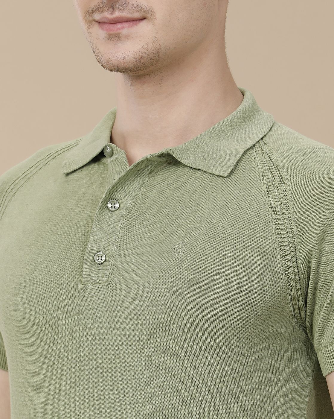 CAVALLO by Linen Club Men's Linen Cotton Green Solid Contemporary Fit Half Sleeve Polo Neck T-Shirt