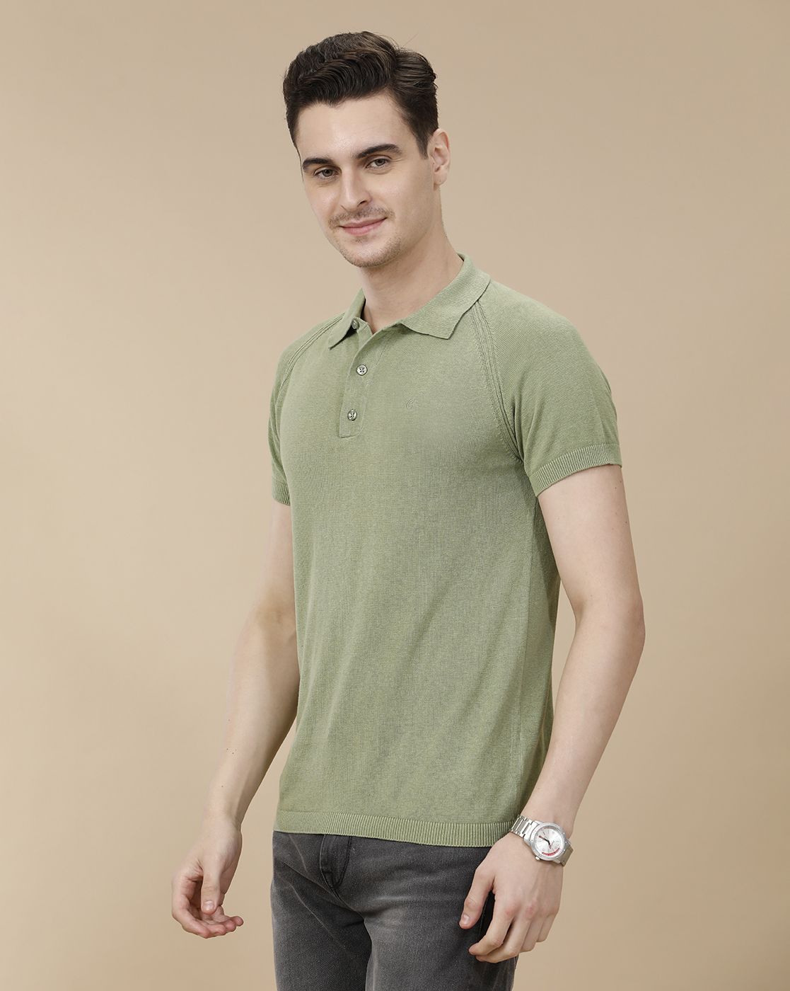 CAVALLO by Linen Club Men's Linen Cotton Green Solid Contemporary Fit Half Sleeve Polo Neck T-Shirt