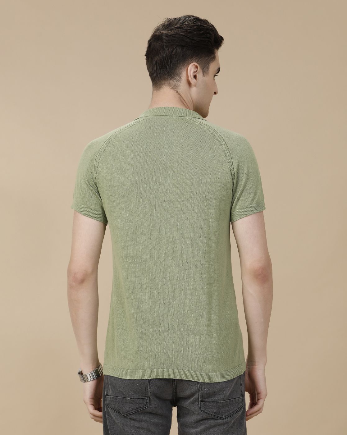 CAVALLO by Linen Club Men's Linen Cotton Green Solid Contemporary Fit Half Sleeve Polo Neck T-Shirt